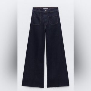 Zara ZW Marine Dark Wash Wide Leg High Waist Straight Crop Jean